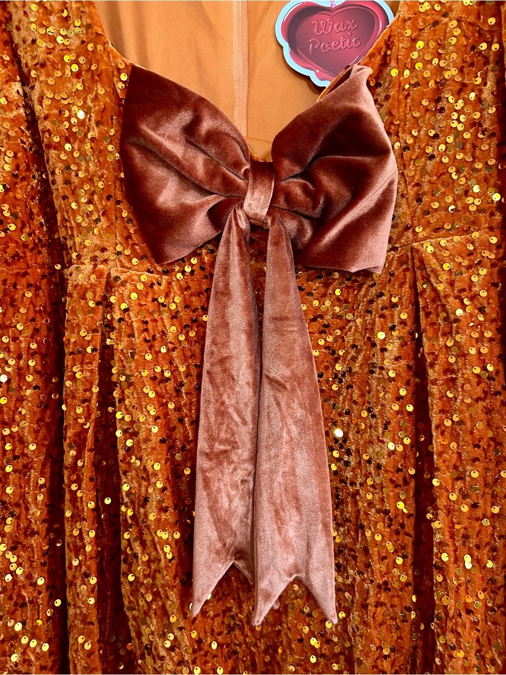 NWT Orange Sequin Velvet ‘60s Priscilla Party Dress with Bow - Picture 2 of 7